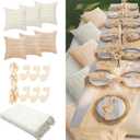 91 x 71 Extra Large Outdoor Boho Picnic Blanket with Beige White Table Runner, 6 Throw Pillow Covers, 6 Napkins Woven Cotton Yarn Oversized Beach Blanket Washable Picnic Camp Wedding