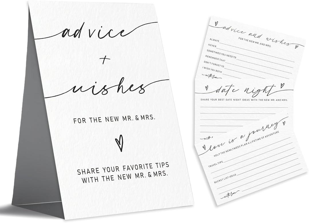 Advice And Wishes Card Set For The New Couples, 1 Standing Sign 15 Advice Cards, 15 Date Night Cards Cards 15 Journey Idea Cards For Bride, Groom, Newlyweds, Wedding Favors & Supplies(Gray)-C01