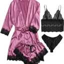 Woman 4pcs Floral Lace Trim Satin Pajamas Set With Robe Sexy Silk Pijamas Robe Sets, Size Large