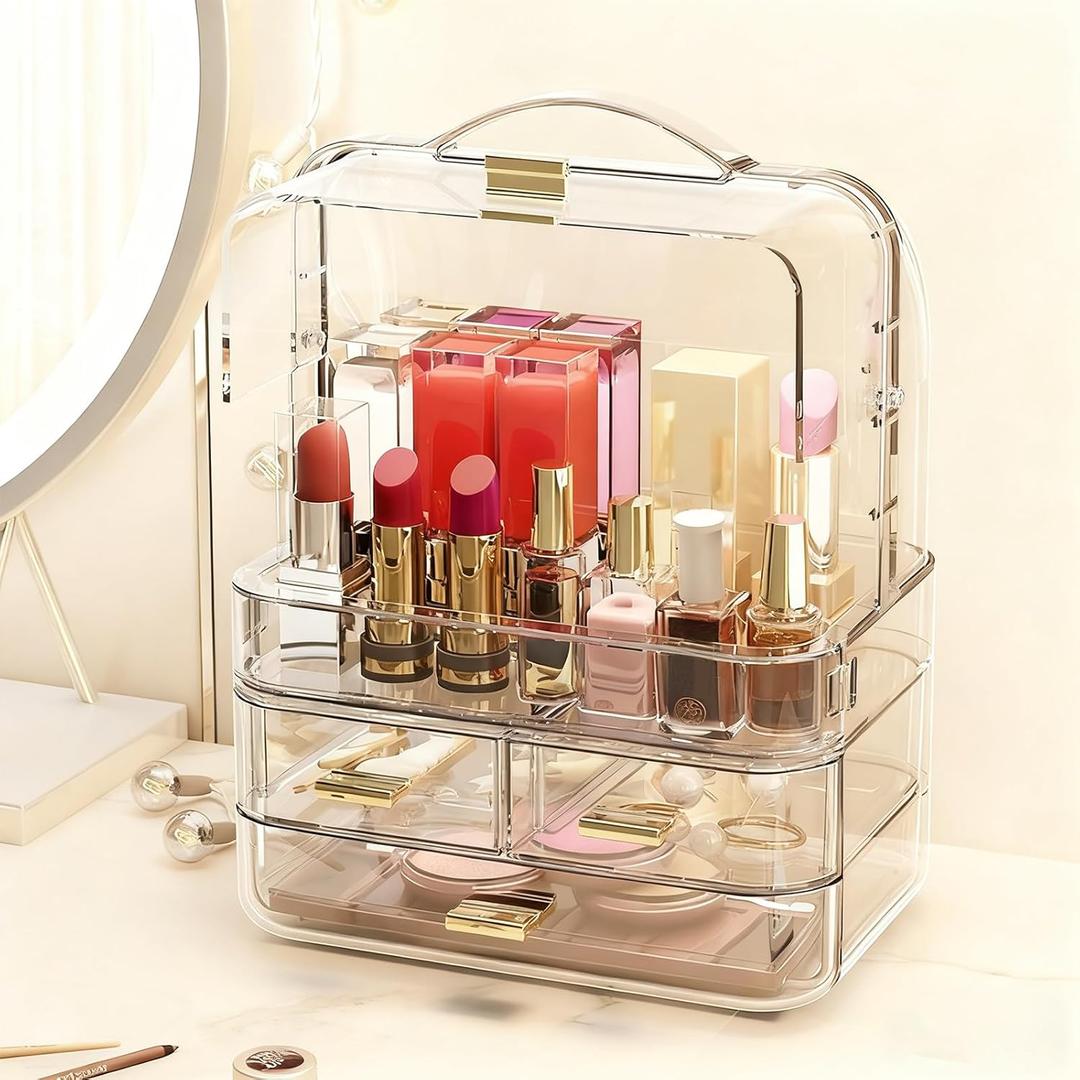 Makeup Storage Box Mesh, Makeup Organizer For Vanity, Cosmetic Display Cases With Transparent Cover, Drawers, Dustproof, Portable Handle, For Vanity, Dresser, Countertop (Transparent)