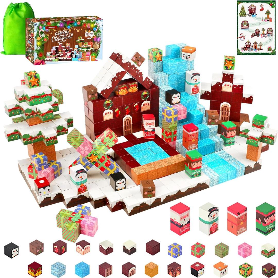 Christmas Magnetic Blocks 154 Pcs Magnet Building Blocks Toys for Kids, Xmas Cubes Stacking Sensory Toys, STEM Construction Building Cubes Christmas Birthday Party Gifts for Boys Girls Ages 3+