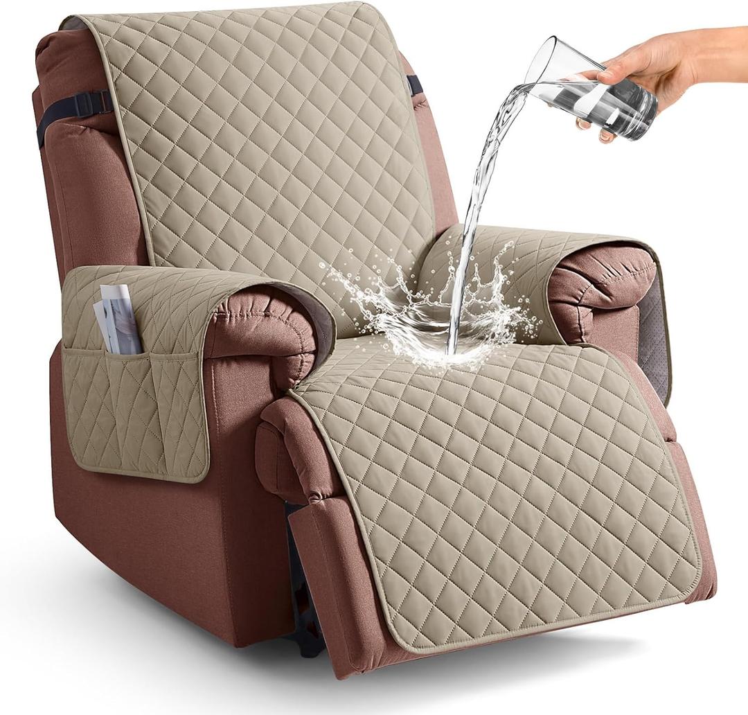 KinCam 100% Waterproof Recliner Chair Cover, Reclining Couch Covers for Pets, Dogs, Recliner Couch Slipcover Furniture Protector with Elastic Straps for Kids(23.6", Khaki)