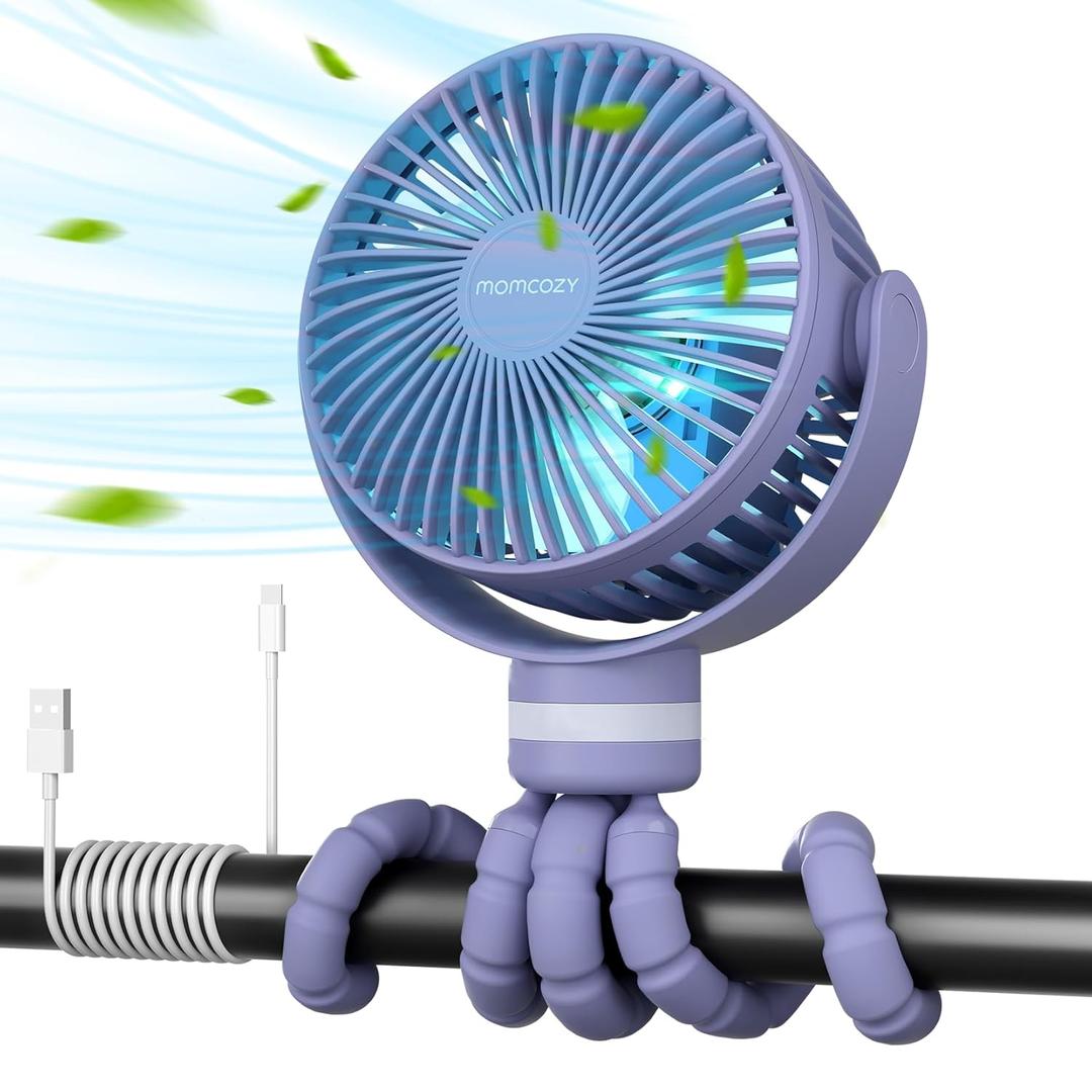 Momcozy Portable Stroller Fan, 8000mAh, 27H Ultra-long Battery Life, Detachable 4 Speed 360Rotate, LED Night Light with 2 Modes, USB Rechargeable Handheld Cooling Fan for Travel, Car Seat, Bedroom (Purple)