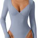 QINSEN Women's Long Sleeve Bodysuit V Neck Body Suits Seamed Cup Going Out Tops Shirt (Large, County Blue)