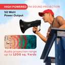Pyle 50W Megaphone Bullhorn - Portable, Automatic Siren & Adjustable Volume, Projection Range Up to 1200 Square Yards, Aux Input, Talk, Siren, Music, Whistle, & Record, Shoulder Strap