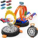 Toy Car Race Track Set for Kids Ages 4-8, Stunt Tire-Shaped Case Transforms into Race Course, 6 Cars in 1:64 Scale, 2 Ways to Play, Action Loop Cyclone Challenge & Speed Snap Track