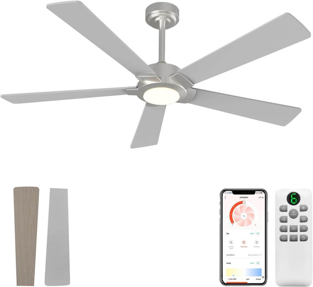 GESUM 52 Inch Smart Ceiling Fan with Light, Nickel Ceiling Fan with 5 Reversible Blades, Dimmable, 6 Speed, 3CCT, Outdoor Ceiling Fans with Remote/App Control for Patio Kitchen Bedroom (Nickel)