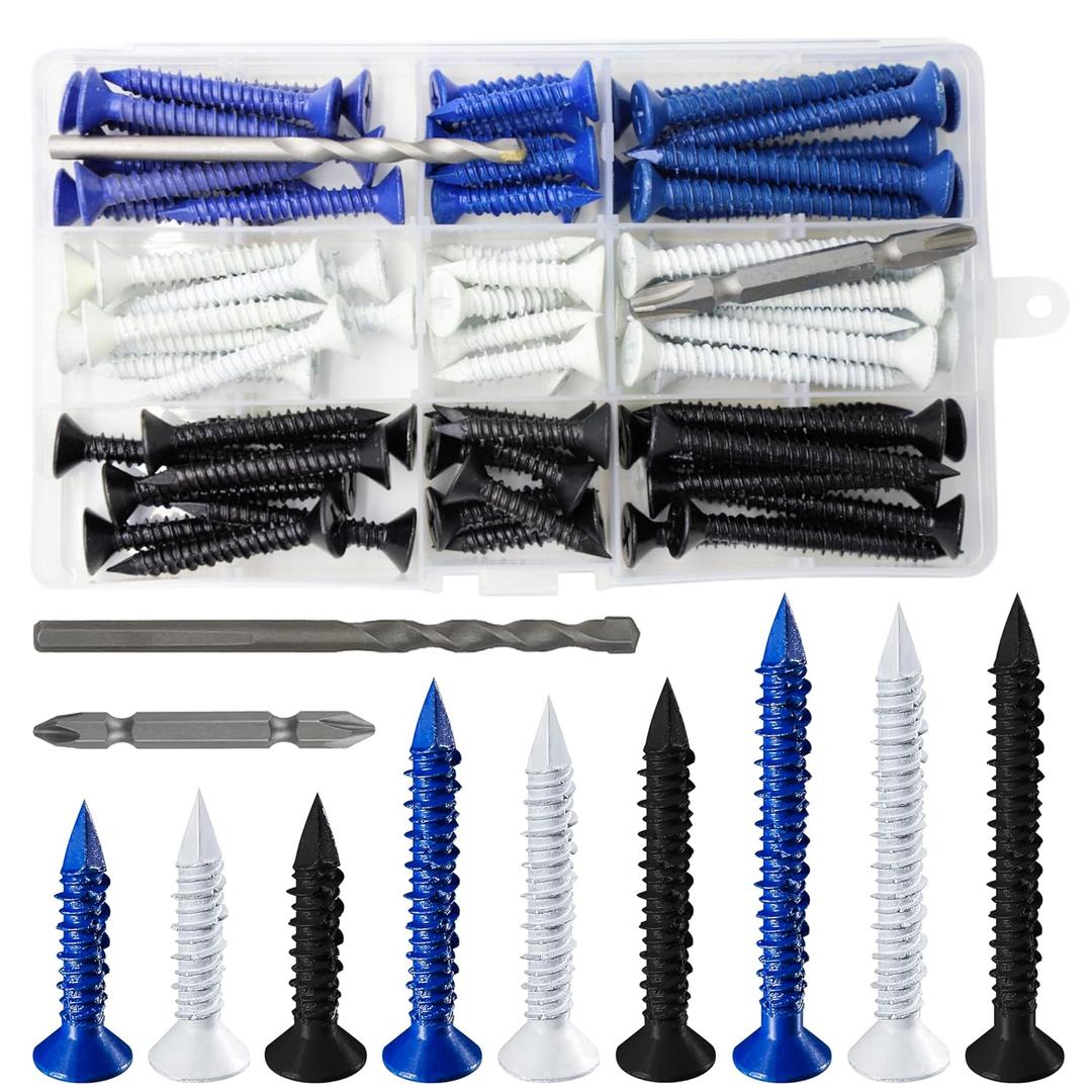 Wensilon(105 PCS) 3/16" Concrete Screw Anchor Kit Blue/Black/White Flat Head for Anchoring to Masonry, Block or Brick Stucco