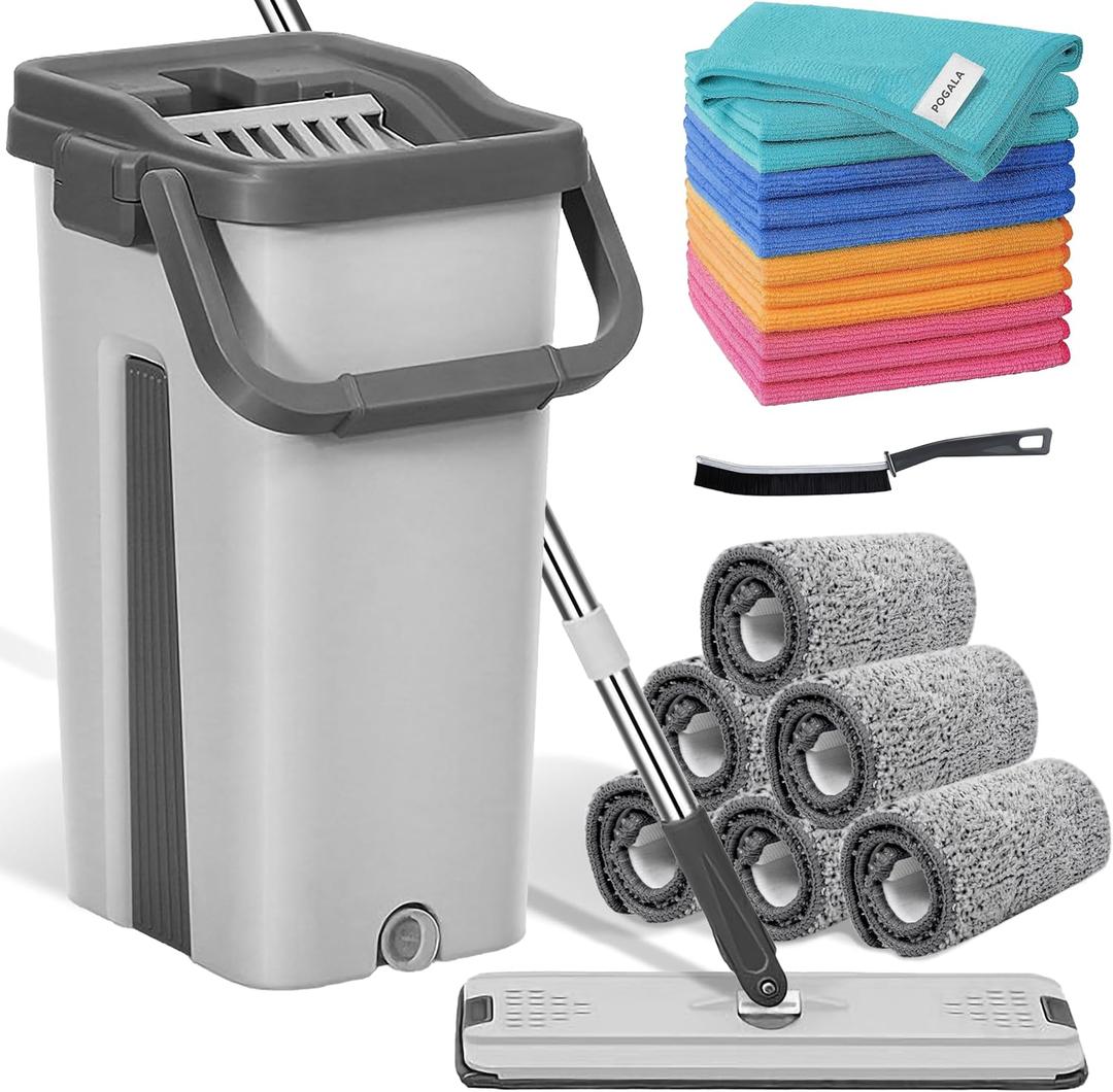 Mop Bucket Set with 12 Microfiber Cleaning Towels and a Cleaning Brush, Mops for Floor Cleaning, Cleaning Tools, Mob, mop and Bucket with Wringer Set for Home with 6 Washable Microfiber Pads
