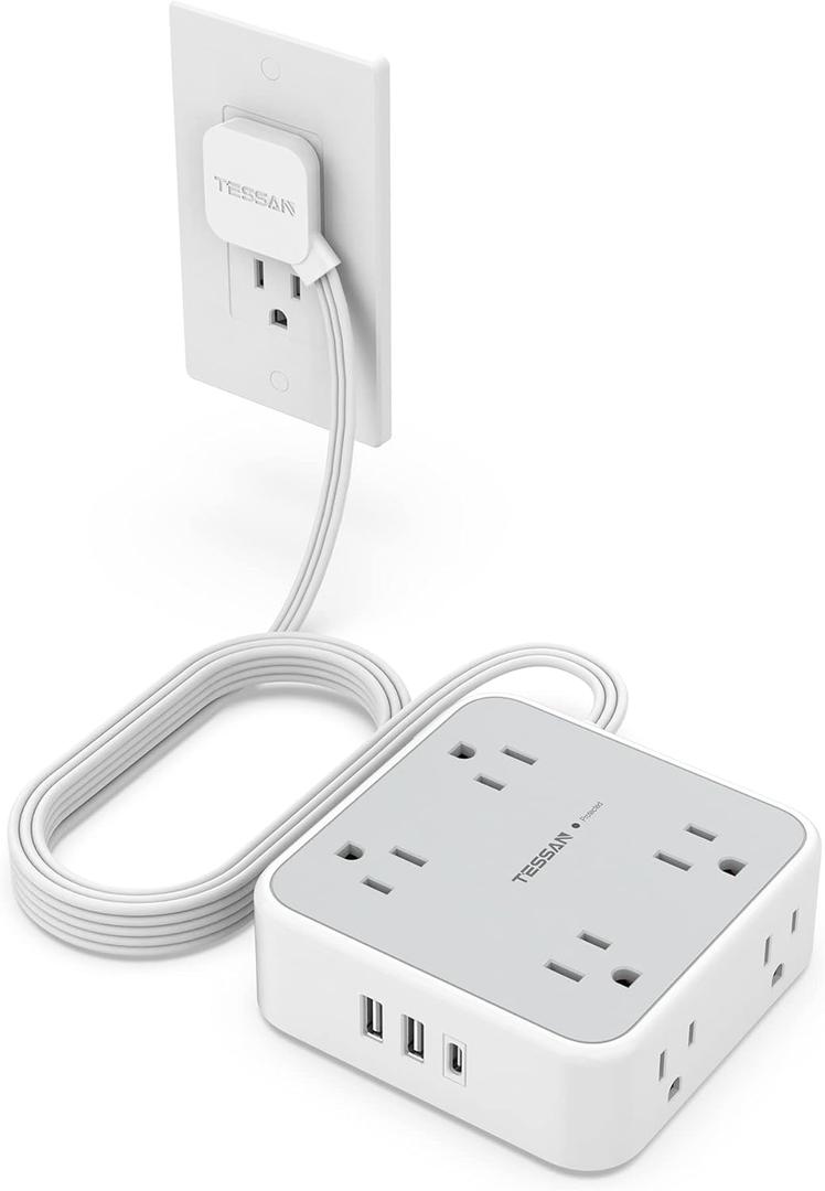 Power Strip Surge Protector 10 Ft Cord, 8 AC Outlets, 3 USB Charger(1 USB C Port), TESSAN Ultra Thin Extension Cord, Flat Plug, 900 Joules Protection, Desk Charging Station for Home, Office (10 Feet, Grey)