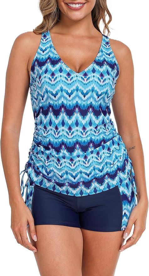 Halcurt Women's Two Piece Tankini Swimsuits Tummy Control Adjustable Drawstring Bathing Suit and Short with Pocket Blue Water Ripple L