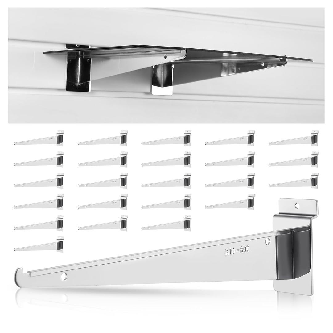 Therwen 24 Pcs 12" Chrome Slatwall Knife Shelf Bracket with Lip Metal Brackets Hooks Slatwall Hanger Heavy Duty Shelf Accessories Home Boutique Retailer Display (Plating Color)