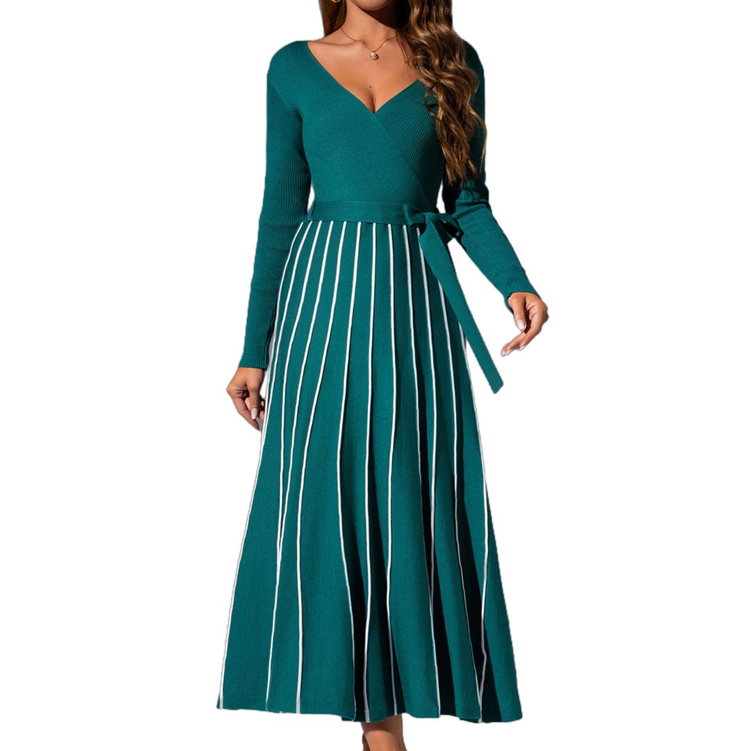 Zoifada Womens 2025 Spring Autumn V Neck Wrap Dress Long Sleeve Tie Waist Ribbed Knit High Waist A Line Casual Midi Dress Grey