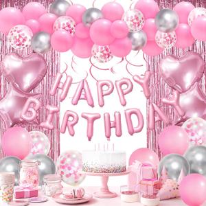 Pink Birthday Decorations, Happy Birthday Banner, Confetti Balloons, Fringe Curtain, Heart Star Foil Balloons, Hanging Swirls for Women Girls Princess Party Decorations