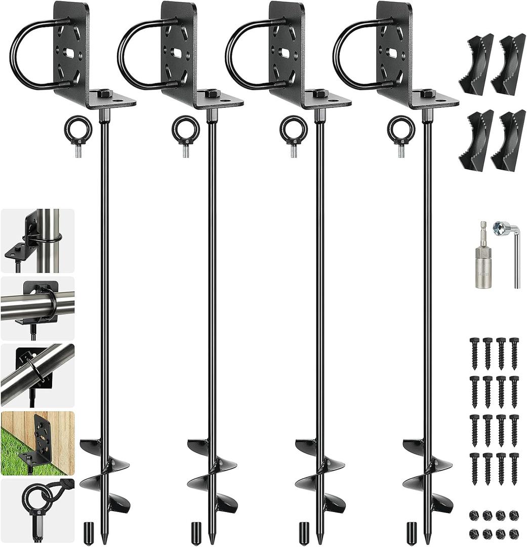 4 Pack 30" Heavy Duty Ground Anchors Shed Anchor Kit, Mobile Home Anchors with Multi Purpose Brackets, Earth Anchor for Gazebos Swing Sets Fences Carports Sheds Goal