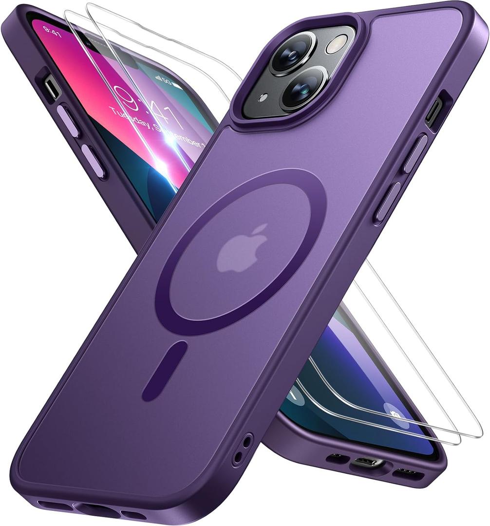 Miracase Magnetic for iPhone 13 Case 6.1 inch (Compatible with MagSafe)with 2X Screen Protectors Military-Grade Protection, Anti-Fingerprint Translucent Matte Phone Case Cover, Dark Purple