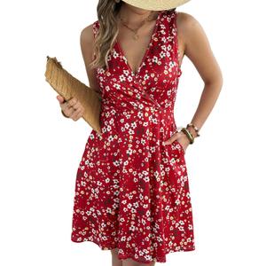 Casual Sleeveless Summer Dresses for Women | Floral Sundress, Wrap V-Neck, Elastic Waist with Pockets, Fit and Flare A-Line Design for Vacation, Beach, Casual Wear (S)