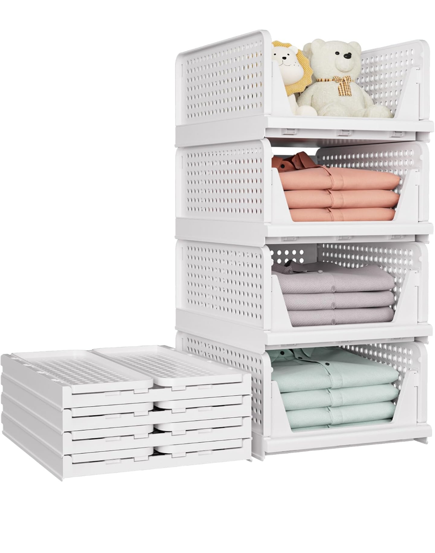 SNSLXH 5 Pack Stackable Closet Storage Basket, Multifunctional & Foldable Closet Organizer for Bathroom Kitchen Laundry Room Wardrobe Storage, Space-Saving Clothes Storage Drawer Organizer, White
