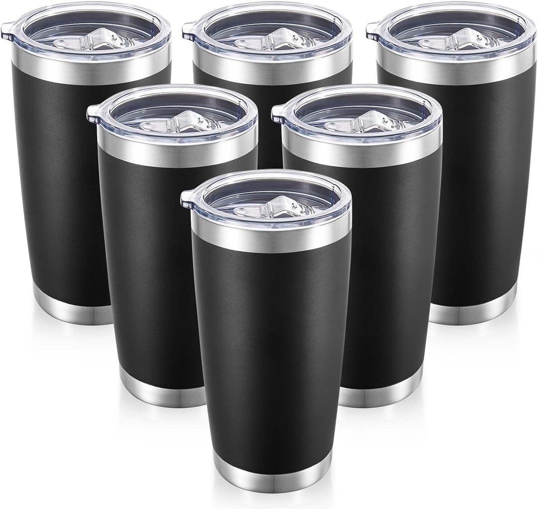 20 oz Tumblers Bulk Stainless Steel Tumbler with Lid Double Wall Vacuum Insulated Coffee Mug 20oz Powder Coated Cup for Hot and Cold Drinks, Black, 6 pack
