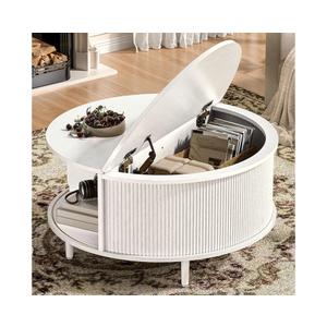 Round Coffee Table, 31.5" Fluted Center Table with Storage, Lift-Top Coffee Table with Adjustable Footpads, Sliding Door, Mid-Century Modern Center Table for Living Room, Small Space, White