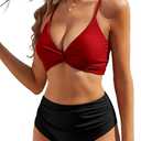 ZAFUL Twist High Waisted Bikini for Women Cross Lace Up Bathing Suit Ruched Bikini Swimsuits Tummy Control Swimwear (Red, M)
