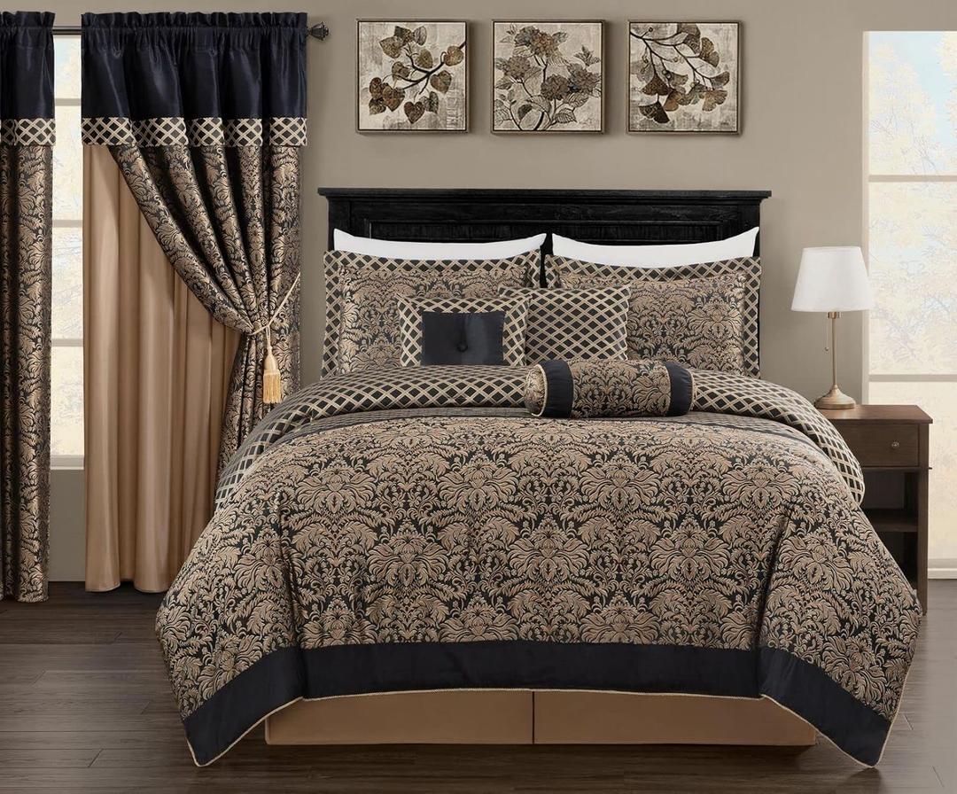 Chezmoi Collection 7-Piece Black/Gold Diamond Floral Medallion Jacquard Woven Comforter Set, Oversized King