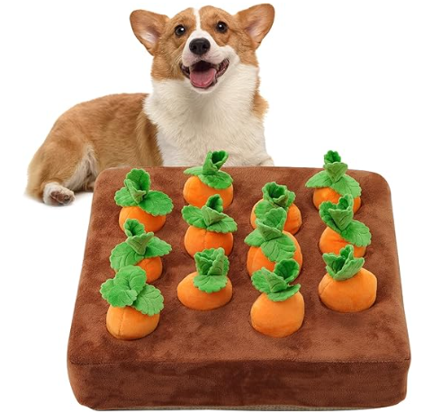 IVVIQQ Interactive Dog Toys，Squeak Carrot Snuffle Mat for Dogs Plush Puzzle Toys 2 in 1 NonSlip Nosework Feed Games for Pet Stress Relief with 12 Carrots…