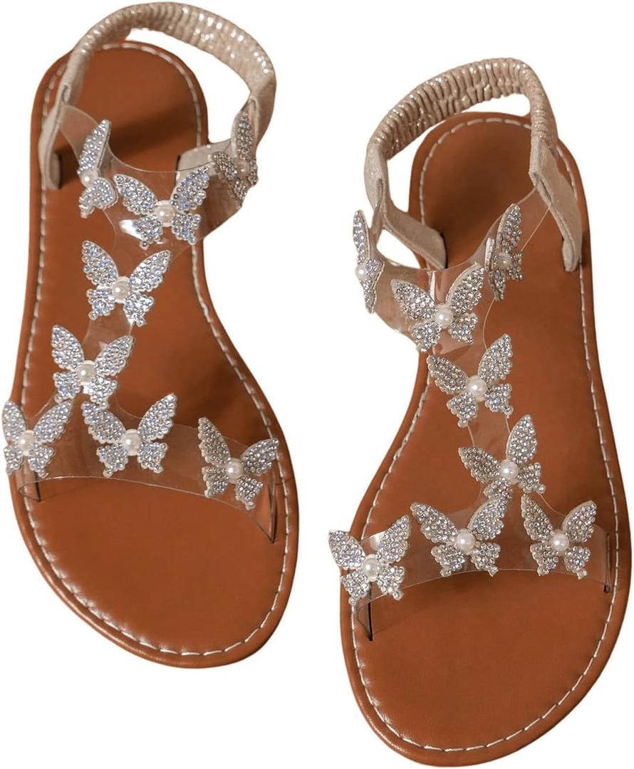 Floerns Women's Elegant Rhinestone Butterfly Transparent Elastic Strap Summer Flat Sandals (9, Brown)