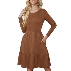 PerZeal Casual Dresses for Women 2025 Long Sleeve Crewneck Spring Rib Knit Flowy Midi Dress Cocktail Party Dresses, Brown, Large