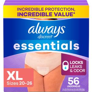 Always Discreet Essentials Adult Diapers for Women, Postpartum Essentials, Disposable Briefs, Unscented Incontinence Underwear Bladder Leak Protection, Size XL, 56 Count