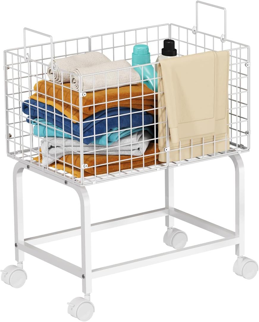 Wire Laundry Hamper Cart,80L Laundry Hamper Trolley with Pull Handle,White High Laundry Basket Cart for Laundry Room,Bathroom,Bedroom-White23.6 * 15.75 * 28inch