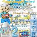 Chugga Chugga Two Two Party DecorationsTrain 2nd Birthday Party Supplies for Boys Include Backdrop, Banner, Balloon , Tablecloth, Cake Topper, Boxes, Cake Topper