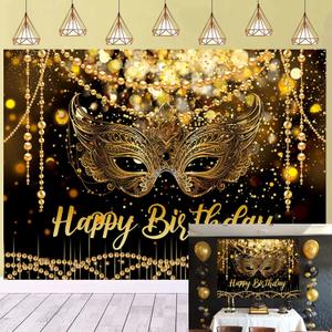Masquerade Mardi Gras Backdrop for Happy Birthday Black Gold Glitter Mask Party Decorations Supplies Banner Masquerade Theme Carnival Dancing Party Photography Background (9x6FT(108x72 inch))