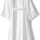 VOGUEMAX Womens Long Bride Bridesmaid Robe Lace Trim Sleepwear Getting Ready of Wedding Silky Kimono Robe (White)