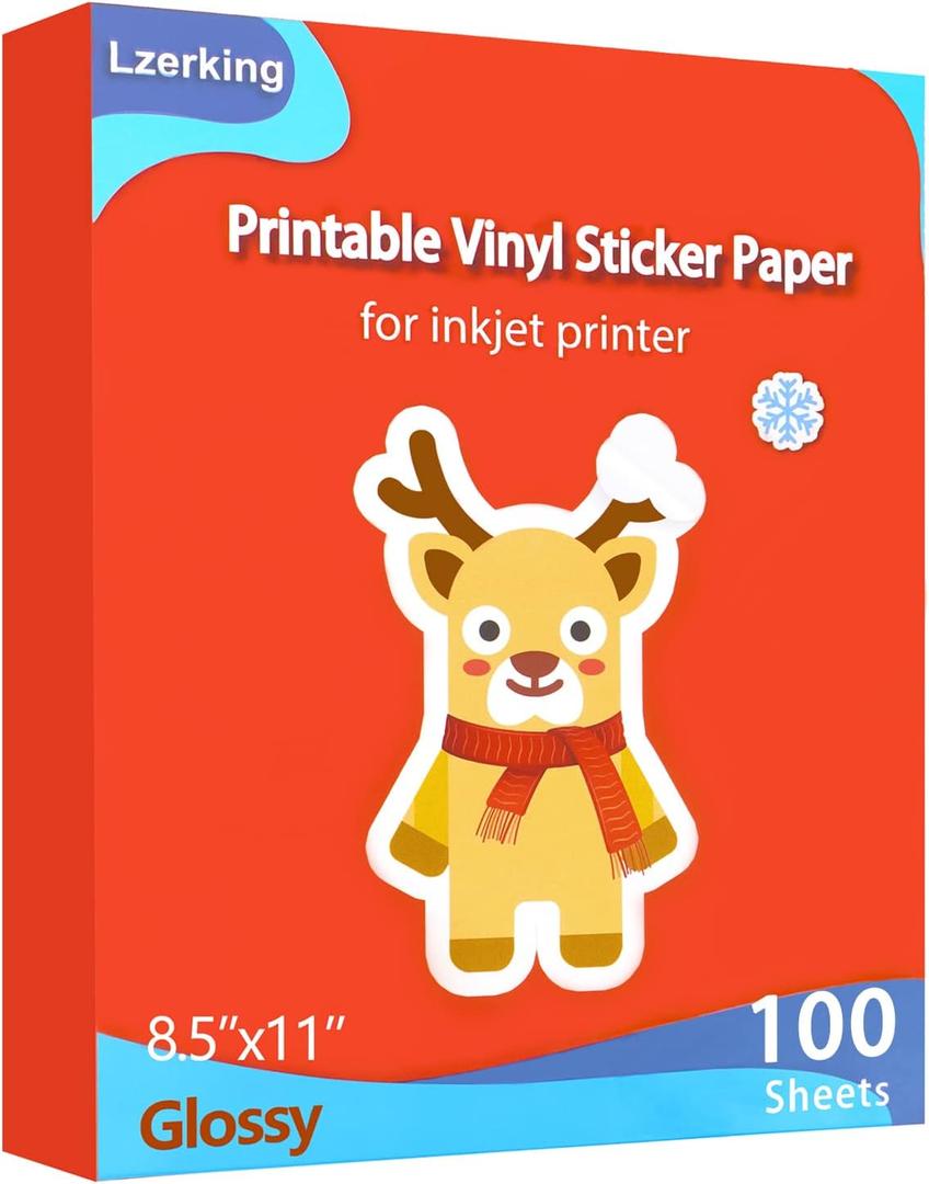 Lzerking Printable Vinyl Glossy Sticker Paper for Inkjet Printer 100 Sheets White Waterproof Self-Adhesive Sheets 8.5x11 Inches