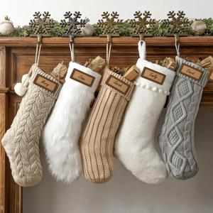 Christmas Stockings: 5 Pack 18 inch Farmhouse Plush Faux Fur & Cable Knitted Fireplace Xmas Stockings, Hanging Gifts Cozy Personalized Stocking Decorations for Family Holiday Dcor, White Gray Beige