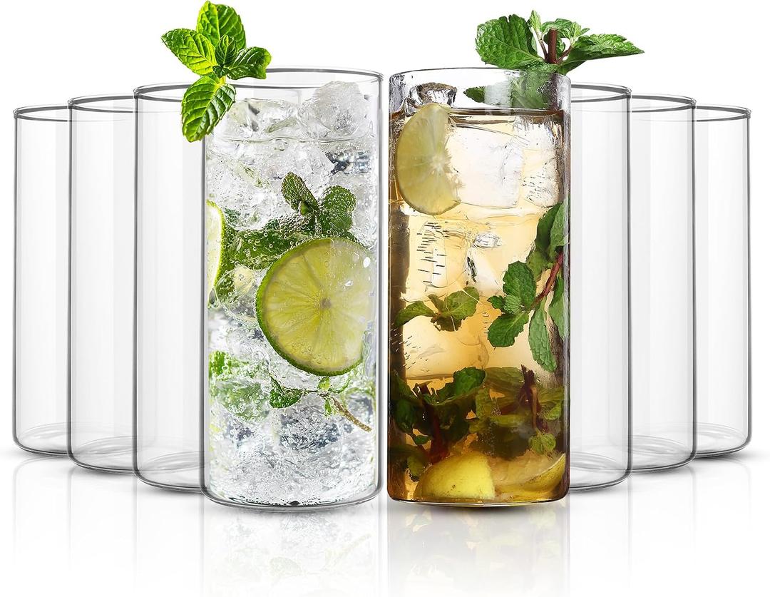 Highball Drinking Glasses Set of 8 | 15 oz Capacity | Thin And Light Borosilicate Tumblers Can Be used For Drinking Beer, Cocktail, Water,Whiskey,Milk, 16 oz