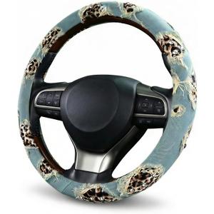 Distressed Denim Steering Wheel Cover for Women with Leopard Print & Bling Rhinestones, Universal Fit 14.5-15 Inch, Cute Jean Anti-Slip Fashion Car Accessories