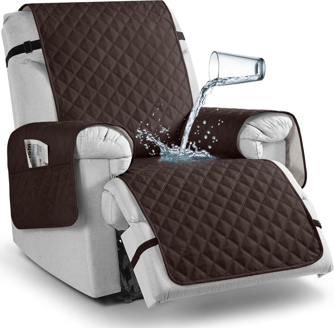 TAOCOCO 100% Waterproof Recliner Chair Covers, Reversible Recliner Covers with Leg Straps, Washable Recliner Sofa Covers for Larger Recliner Furniture Dog Protector with Pocket (Chocolate, 28'')
