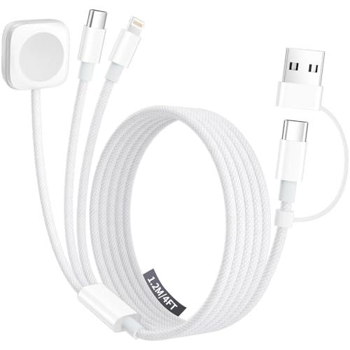 Travel Charger for Apple Watch, 3 in 2 Multi Charging Cable/Cord with Lightning/USB C/iWatch Charger, Travel Chargers for Multiple Devices, Compatible with iWatch Series/iPhone 17-8/iPad/AirPods 4FT, White