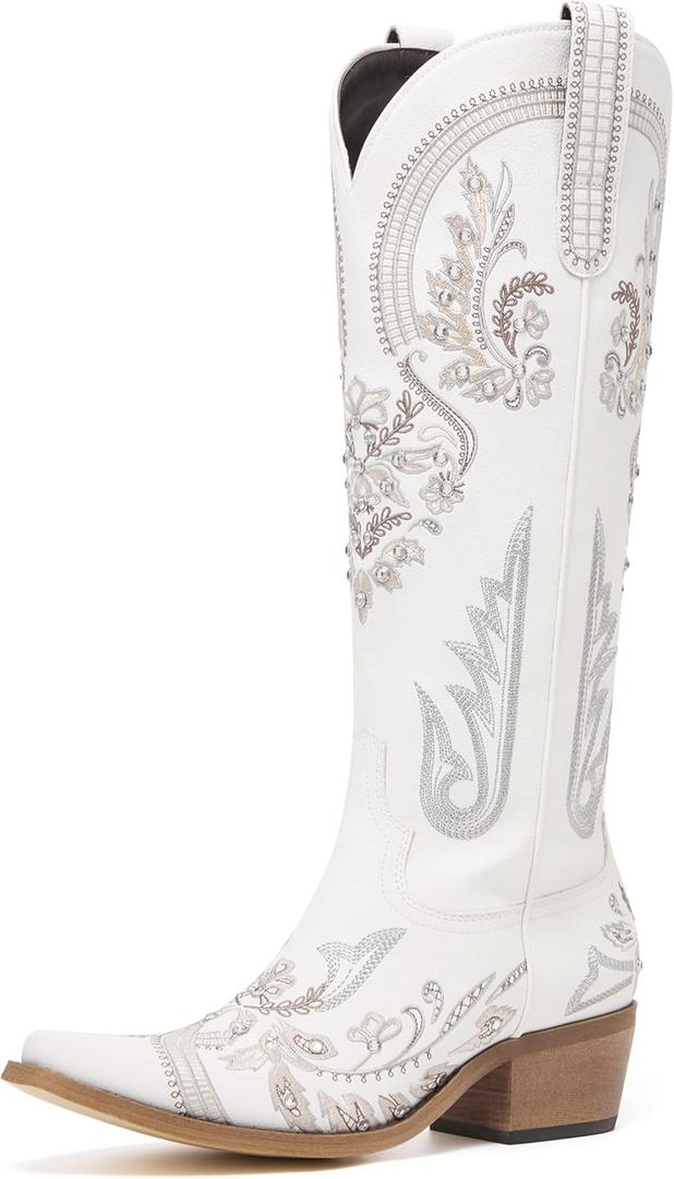 Western Cowboy Boots for Women Embroidered Rhinestones Knee High Cowgirl Boots Pointed Toe Chunky Heel Fashion Retro Classic Tall Boot 6.5