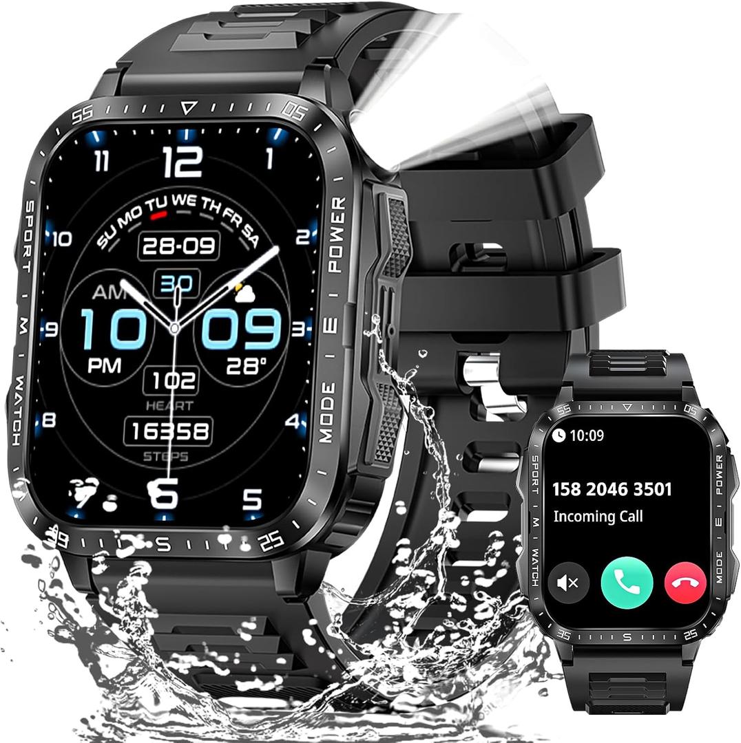 Military Smart Watches for Men (Make/Answer Call) with LED Flashlight 1.96" Big Screen 430mAh Fitness Tracker with Sport Modes Heart Rate Monitor Rugged Smartwatch for iPhone Android (Charcoal)