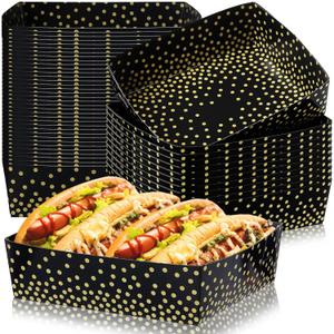 Hushee 50 Pack Party Supplies 5 lb Black and Gold Circle Dot Food Nacho Boats Disposable Polka Dot Snack Trays for Birthday Wedding Bridal Shower Supplies