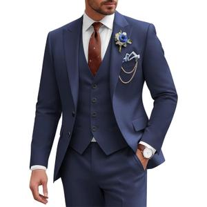 Mens Suit 3 Piece Slim Fit Wedding Business Suits for Men Three Piece Suit Set Formal Peak Lapel Elegant, Navy Blue, Small