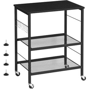 Bakers Rack Microwave Stand Cart with Storage Small Kitchen Island on Wheels Black Coffee Bar Cart 3 Tier Kitchen Shelf Stand with 10 Hooks Printer Table for Living Room Bedroom Office
