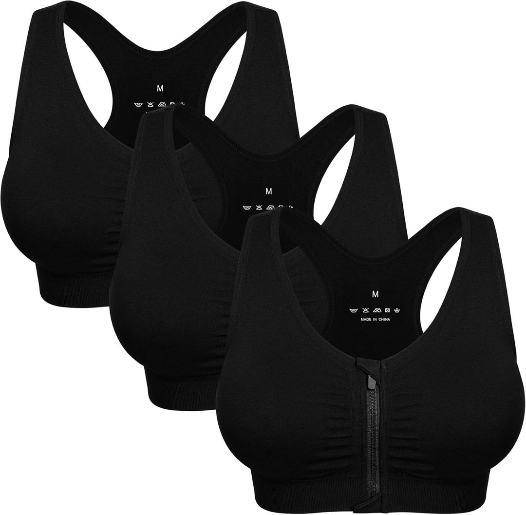 Women's Zip Front Sports Bra Wireless Post-Surgery Bra Active Yoga Sports Bras (3X-Large, 3 Pack Black)
