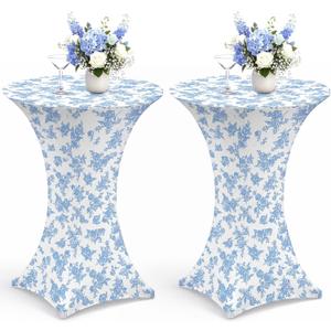 Mindsoft 2 Pcs 32''x43'' Blue Floral Highboy Spandex Cocktail Table Cover Fitted Stretch Cocktail Tablecloth Blue & White Porcelain Spandex High Top Table Cover for Wedding Birthday Graduation Party