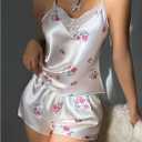 SOLY HUX Women's Satin Pajama Set Floral Loungewear Lace Camisole Top and Shorts Pjs Sleepwear (White, L)
