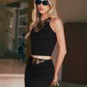 CSDAJIO 2 Piece Outfits for Women Sleeveless Lace Shirt Draped Cowl Neck Tank Top and Ruched Bodycon Mini Skirt Sets (Black, S)