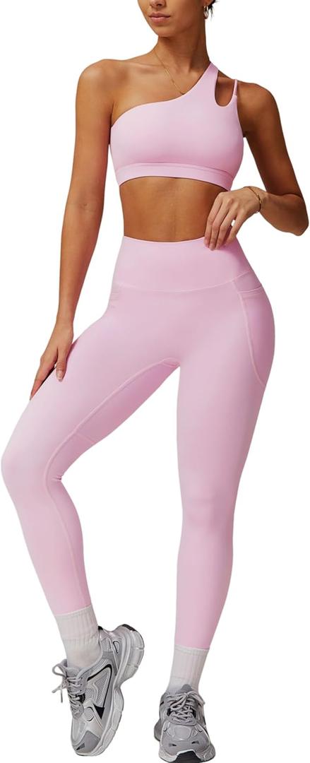 Women Workout Set Single Shoulder Straps Sports Bras and Leggings Set 2 Piece Gym Yoga Active Wear Outfit with Pockets (Medium, Pink)
